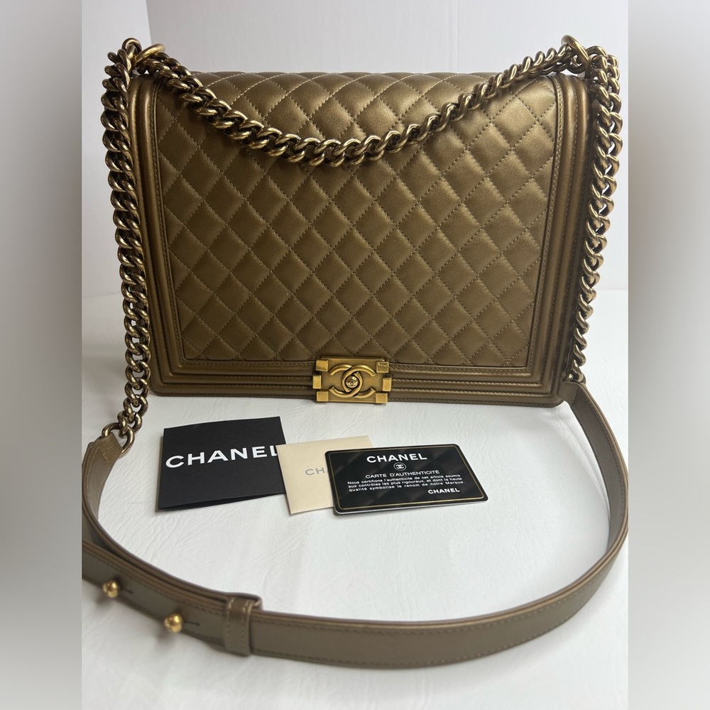 Chanel large maxi metallic bronze quilted boy flap bag